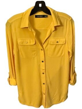 Lauren Ralph Lauren Jersey Button Down Shirt Yellow Pockets Sz S NEW